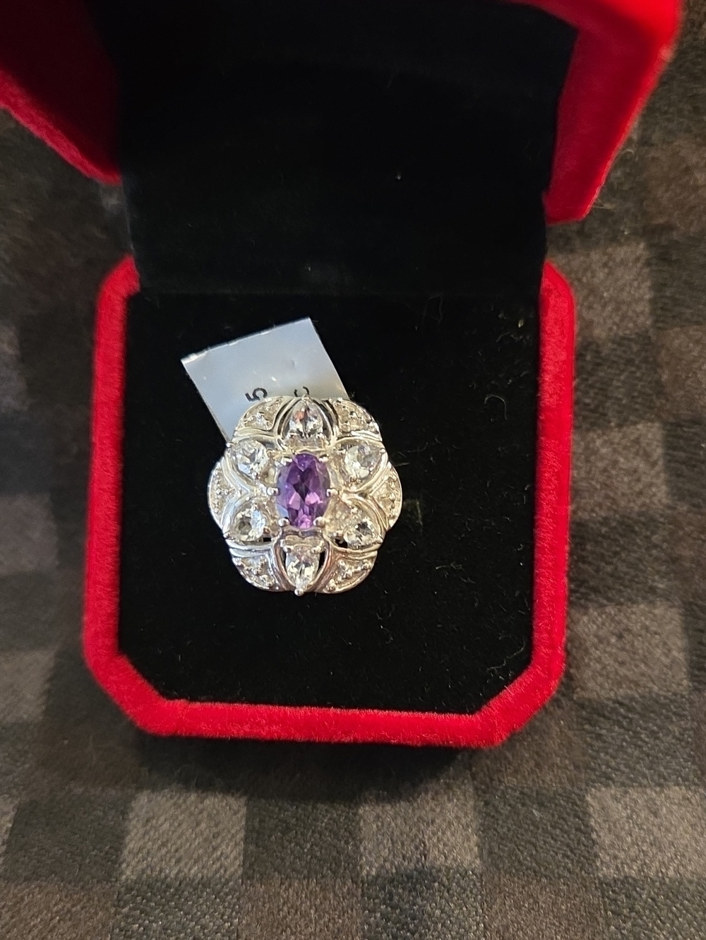 ZAMBIAN AMETHYST WHITE TOPAZ Purple Center Floral STERLING Silver Ring